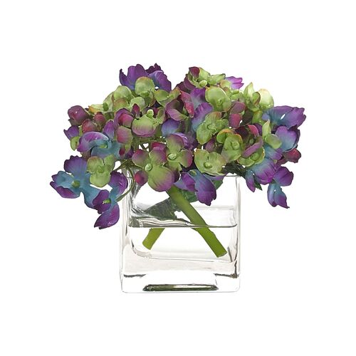 Hydrangea in Cube Vase, Faux 1 Hydrangea in Cube Vase, Faux