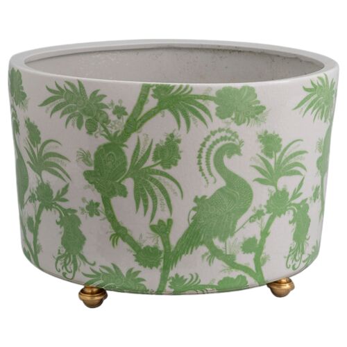 Balinese Scalamandre Peacock Center Basin Planter, Green 1 Balinese Scalamandre Peacock Center Basin Planter, Green