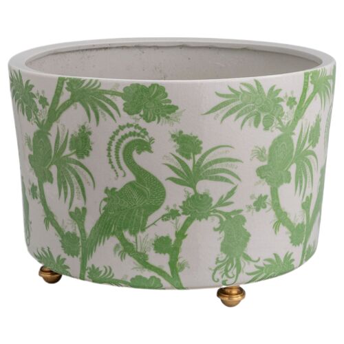 Balinese Scalamandre Peacock Center Basin Planter, Green 3 Balinese Scalamandre Peacock Center Basin Planter, Green