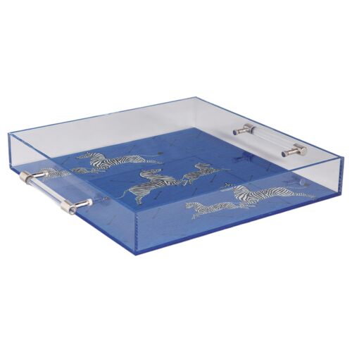 Zebra Scalamandre Lucite Tray, Blue 2 Zebra Scalamandre Lucite Tray, Blue