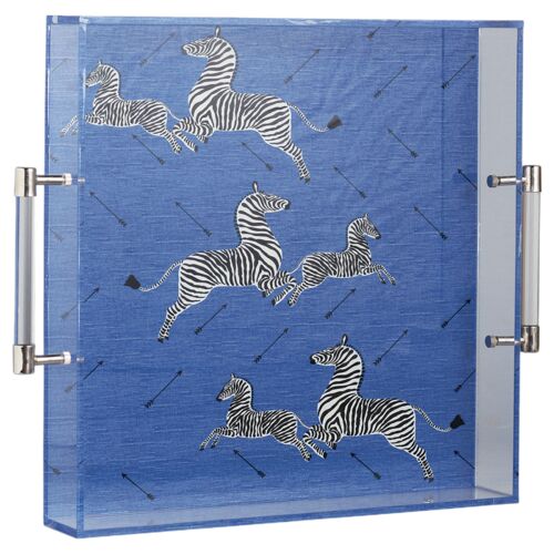 Zebra Scalamandre Lucite Tray, Blue 4 Zebra Scalamandre Lucite Tray, Blue