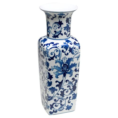 17" Floral Square Vase, Blue/White 1 17" Floral Square Vase, Blue/White