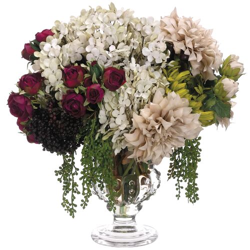 15" Hydrangea/Rose?Arrangement in Glass Vase, Faux 1 15" Hydrangea/Rose?Arrangement in Glass Vase, Faux