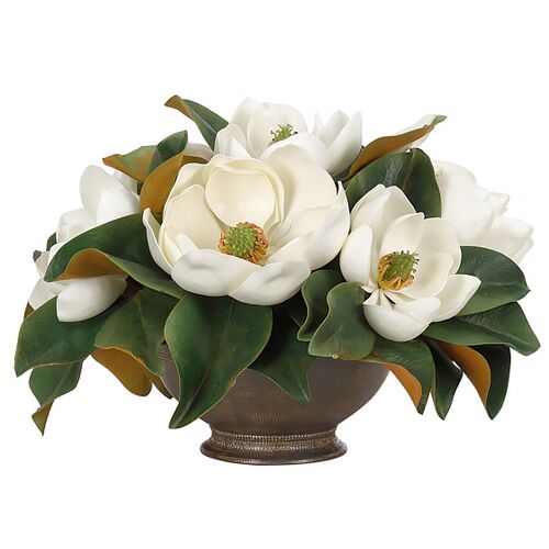 10" Magnolia Arrangement in Ceramic Bowl, Faux 1 10" Magnolia Arrangement in Ceramic Bowl, Faux