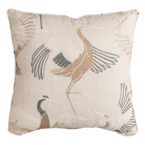 Dancing Crane Embroidered Linen Pillow, Natural 1 Dancing Crane Embroidered Linen Pillow, Natural