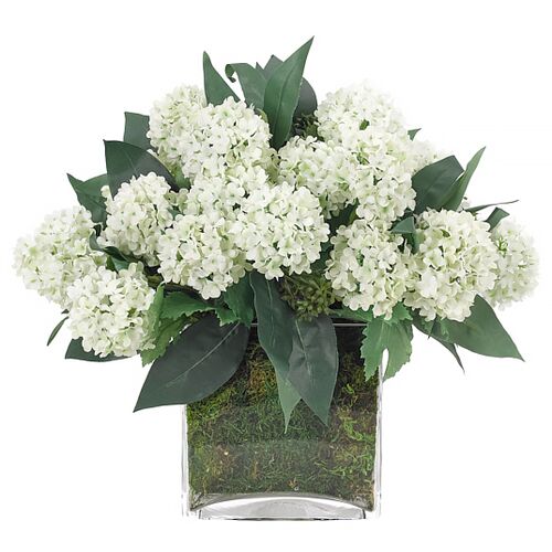 13" Snowball in Glass Cube Vase with Moss, Faux 1 13" Snowball in Glass Cube Vase with Moss, Faux