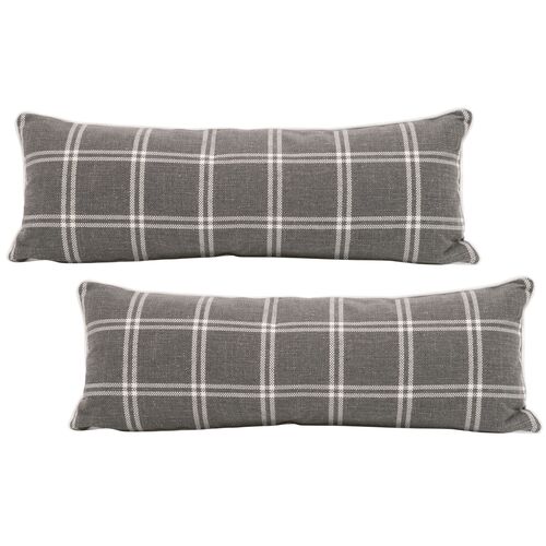 S/2 Emery 13"x34" Plaid Lumbar Pillows, Smoke 1 S/2 Emery 13"x34" Plaid Lumbar Pillows, Smoke