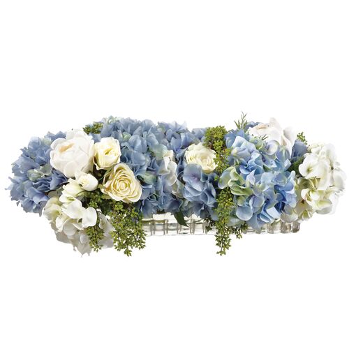 10" Hydrangea?Arrangement in Ribbed Glass Vase, Faux 1 10" Hydrangea?Arrangement in Ribbed Glass Vase, Faux