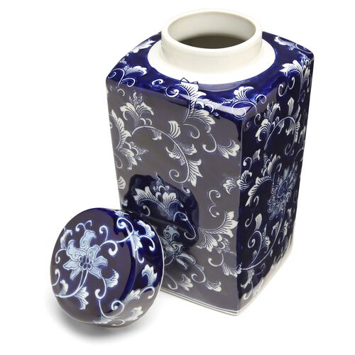 12" Petrin Square Ginger Jar, Blue/White 2 12" Petrin Square Ginger Jar, Blue/White