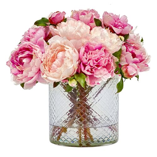 Faux Peony In Glass Vase, Pink 1 Faux Peony In Glass Vase, Pink