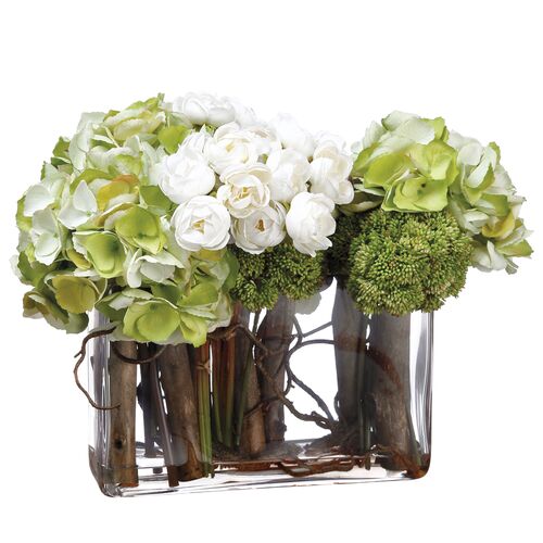 12" Hydrangea/Ranunculus/Curly?Willow Arrangement in Glass Vase, Faux 1 12" Hydrangea/Ranunculus/Curly?Willow Arrangement in Glass Vase, Faux