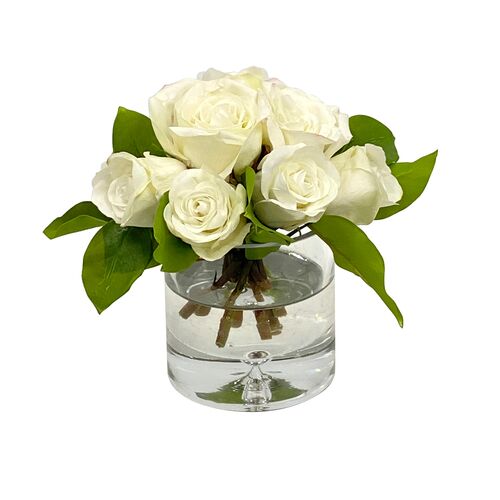 Faux White Roses in Glass Vase, White/Green 1 Faux White Roses in Glass Vase, White/Green