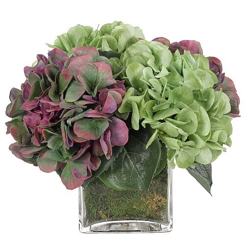 10" Hydrangeas in Glass Cube Vase with Moss, Faux 1 10" Hydrangeas in Glass Cube Vase with Moss, Faux