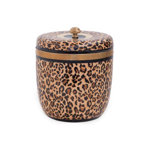 11" Leopard Print Round Decorative Box, Black/Gold