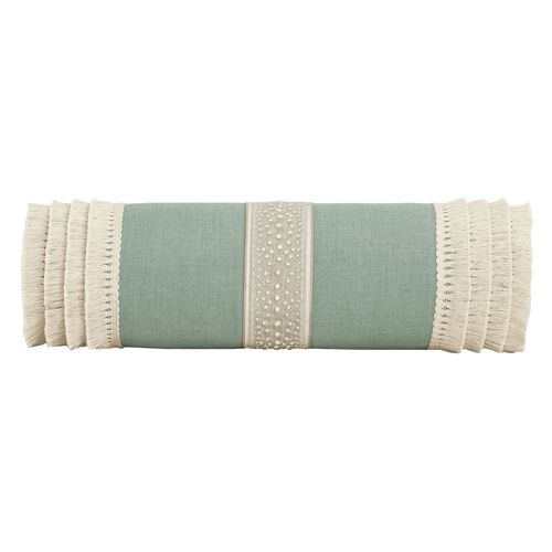 Serena Emroidered Fringe Bolster Pillow, Pistachio/Ivory 2 Serena Emroidered Fringe Bolster Pillow, Pistachio/Ivory