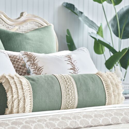 Serena Emroidered Fringe Bolster Pillow, Pistachio/Ivory 3 Serena Emroidered Fringe Bolster Pillow, Pistachio/Ivory