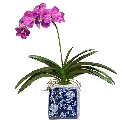 Faux Vanda Orchid In Square Porcelain Pot, French Purple/Blue 1 Faux Vanda Orchid In Square Porcelain Pot, French Purple/Blue
