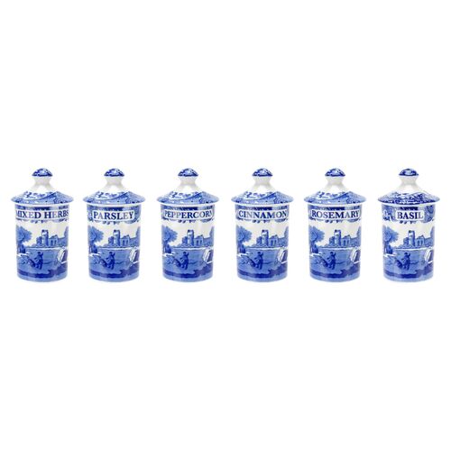Spode Blue Italian Spice Jars, Set of 6