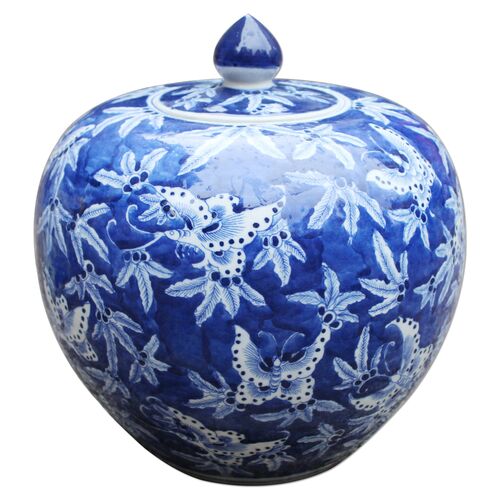 12" Butterfly Melon Jar, Blue/White 1 12" Butterfly Melon Jar, Blue/White