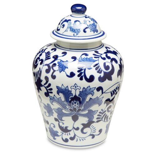 10.5" Floral Lidded Ginger Jar, Blue 1 10.5" Floral Lidded Ginger Jar, Blue