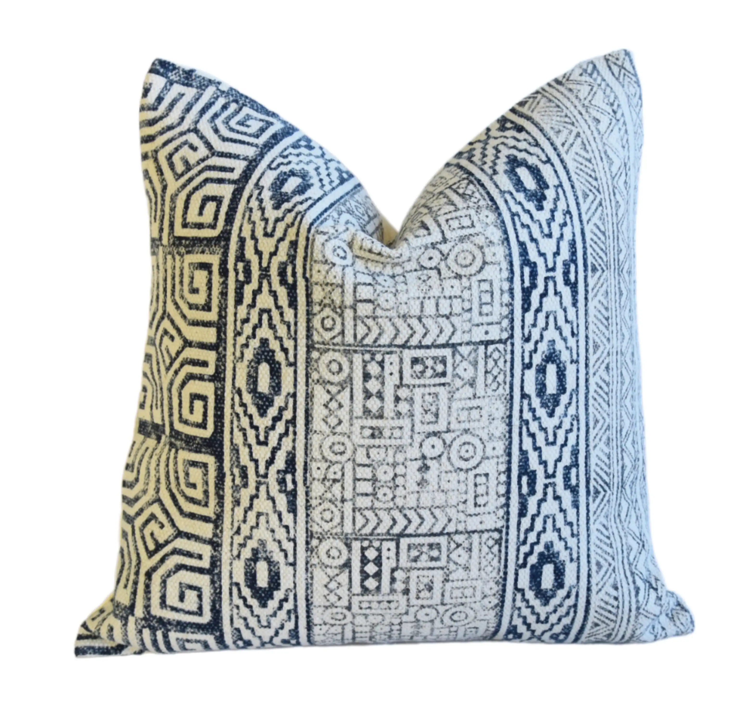 Hand-Printed Blue & White Cotton Pillow 1 Hand-Printed Blue & White Cotton Pillow