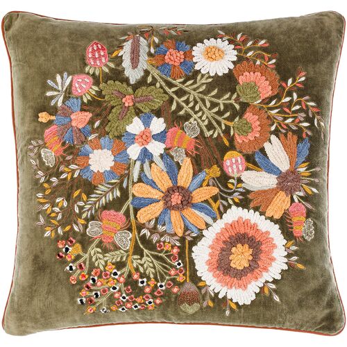 Willa Bea Embroidered Pillow, Dark Green/Coral