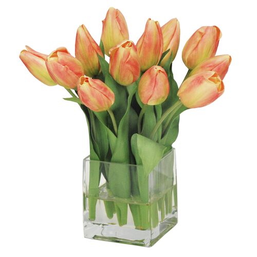 Faux Tulips in Glass Vase, Orange/Green 1 Faux Tulips in Glass Vase, Orange/Green