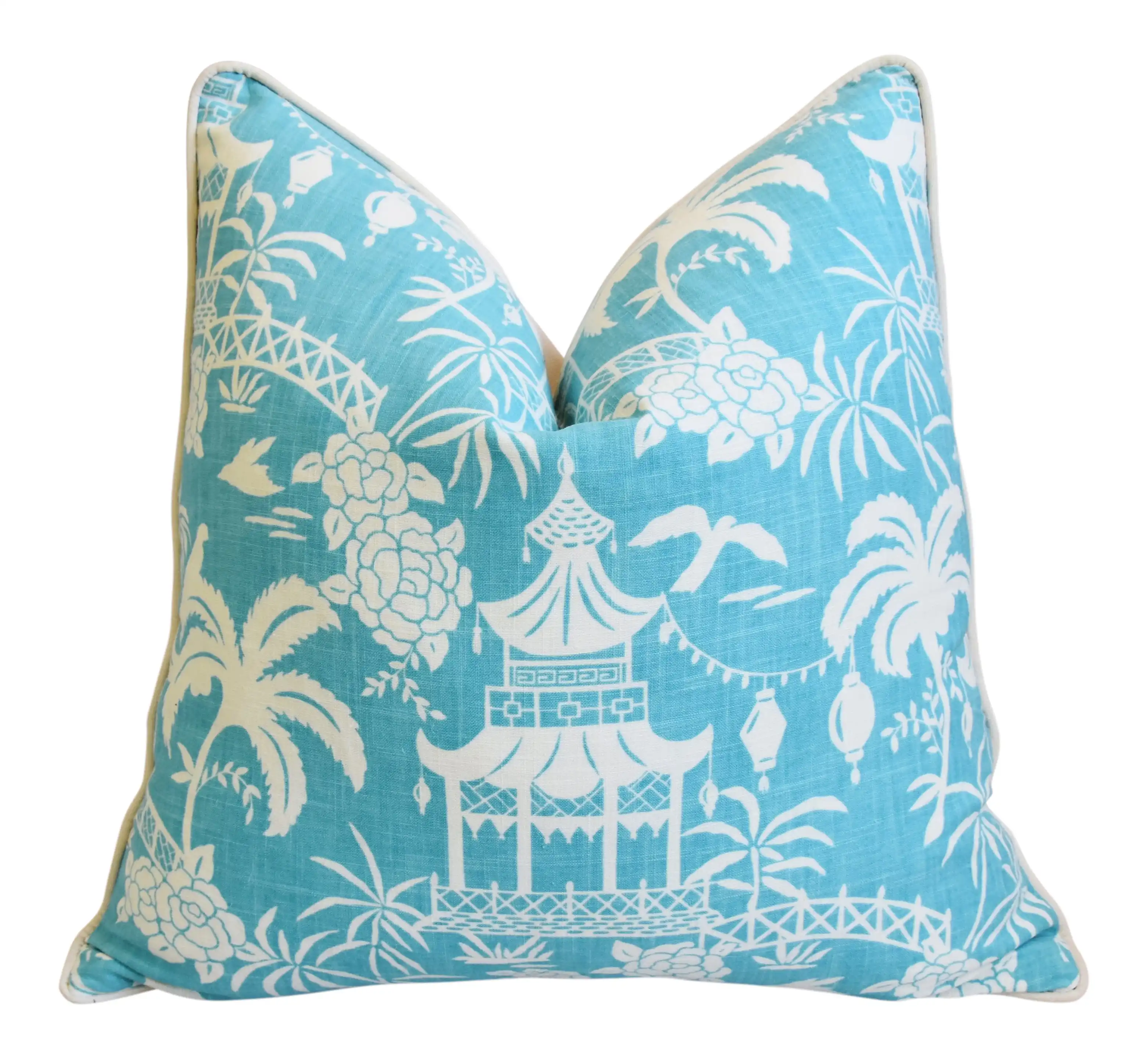 Aqua & White Chinoiserie Pagoda Pillow 1 Aqua & White Chinoiserie Pagoda Pillow