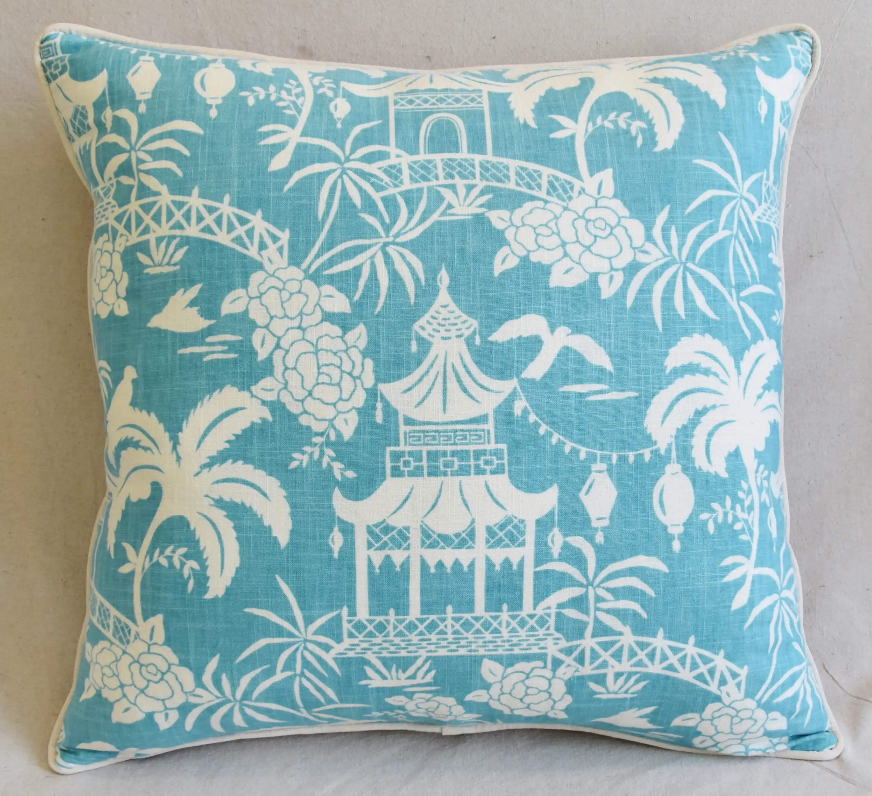 Aqua & White Chinoiserie Pagoda Pillow 4 Aqua & White Chinoiserie Pagoda Pillow