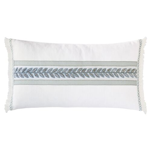 Lotty 15x26 Horizontal Leaf Lumbar Pillow, White/Blue 1 Lotty 15x26 Horizontal Leaf Lumbar Pillow, White/Blue