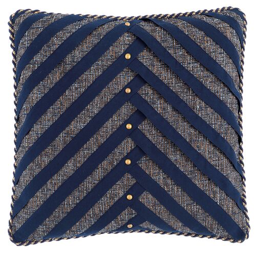 Carrie Woven Chevron Ribbon Trim Pillow, Navy/Stone 1 Carrie Woven Chevron Ribbon Trim Pillow, Navy/Stone