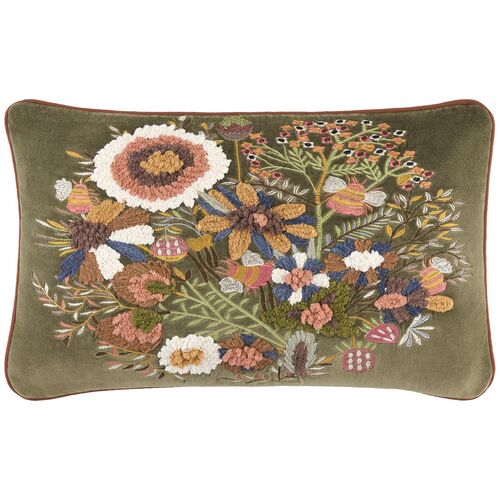 Willa Bea Embroidered 13x21 Lumbar Pillow, Dark Green/Coral