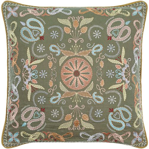 Millie Kay Embroidered Pillow, Olive 1 Millie Kay Embroidered Pillow, Olive