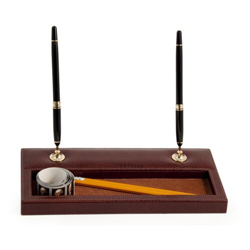 Leather Double Pen Stand, Brown