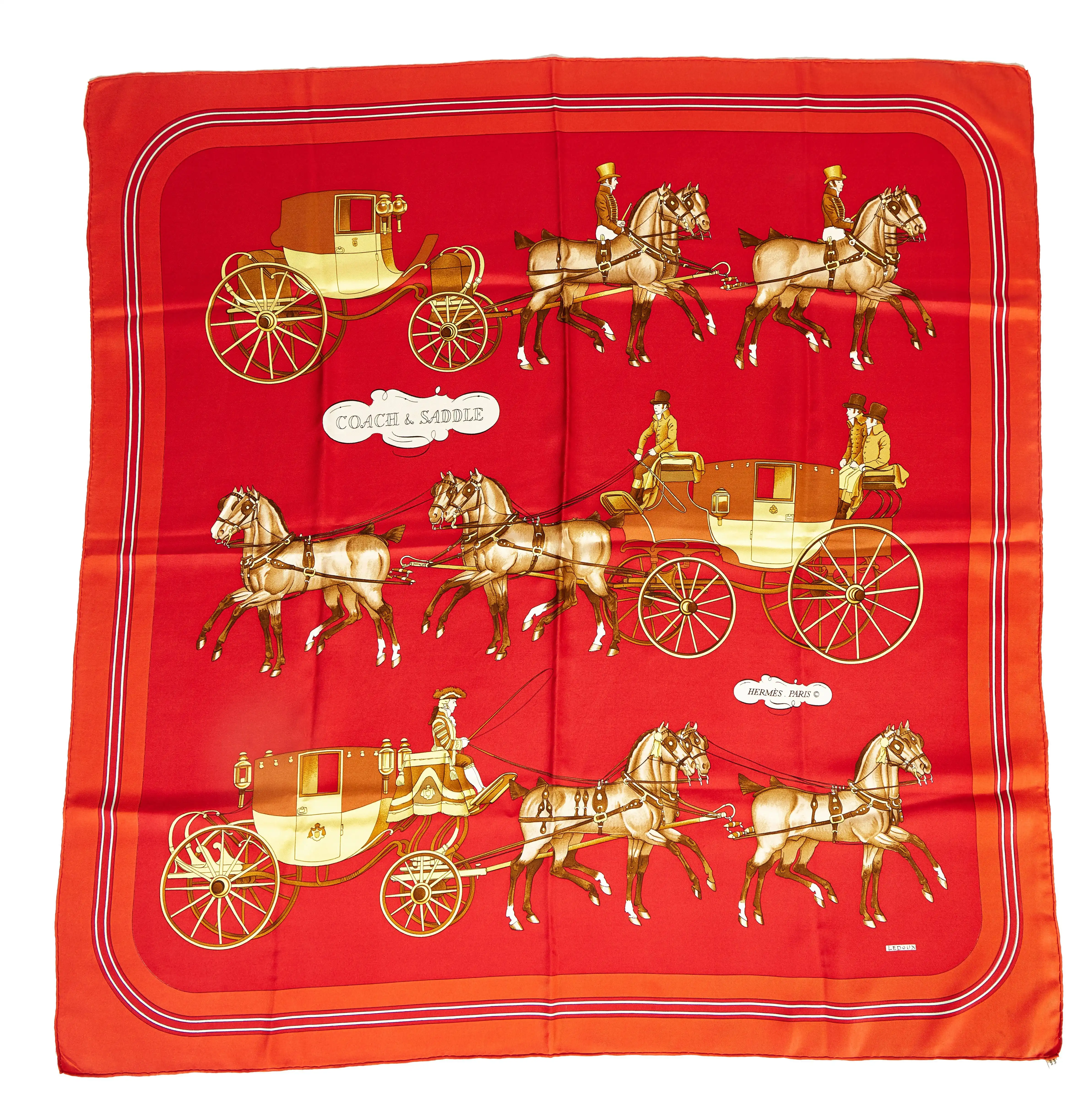 Herms Coach & Saddle Red Silk Scarf 1 Herms Coach & Saddle Red Silk Scarf