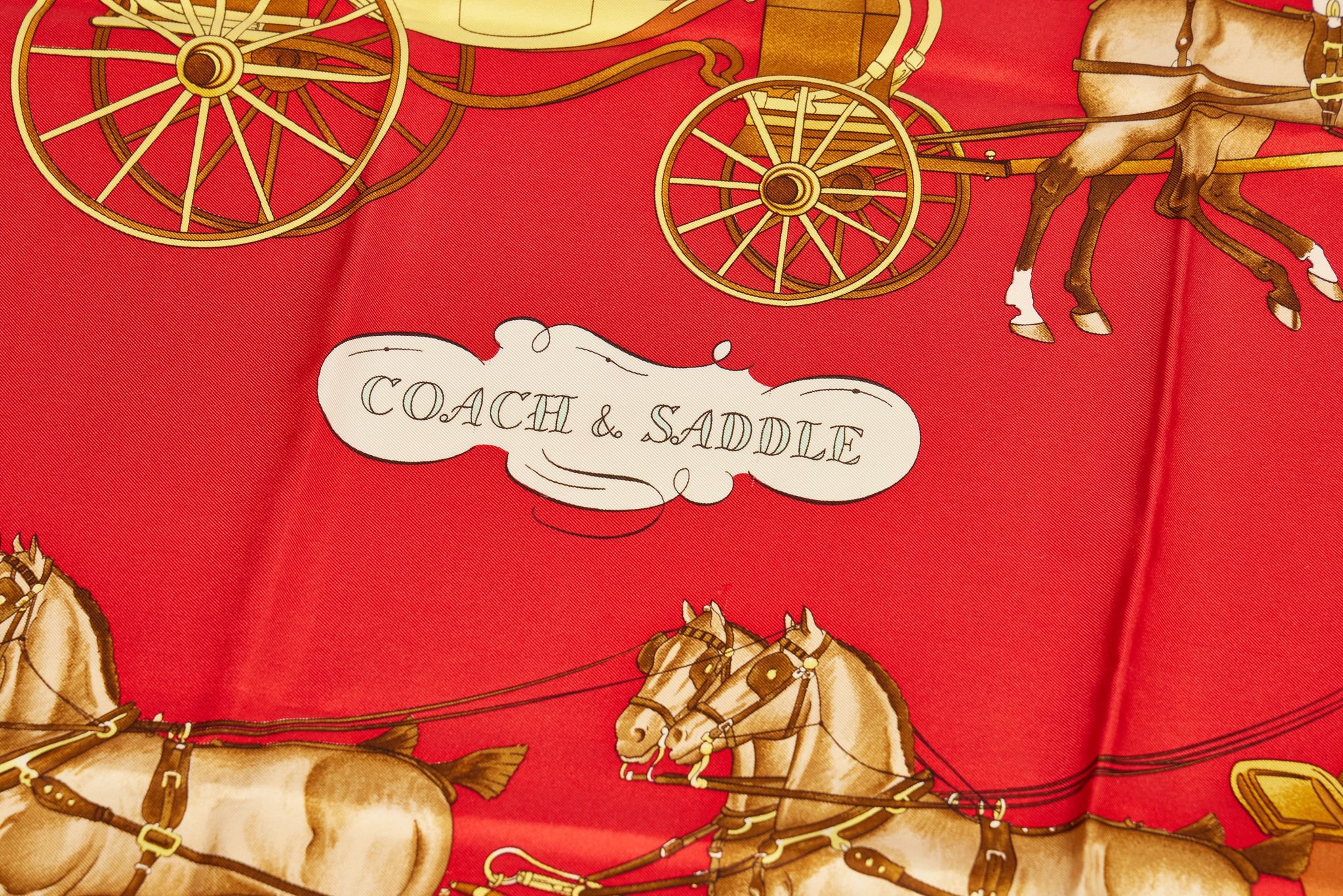 Herms Coach & Saddle Red Silk Scarf 2 Herms Coach & Saddle Red Silk Scarf