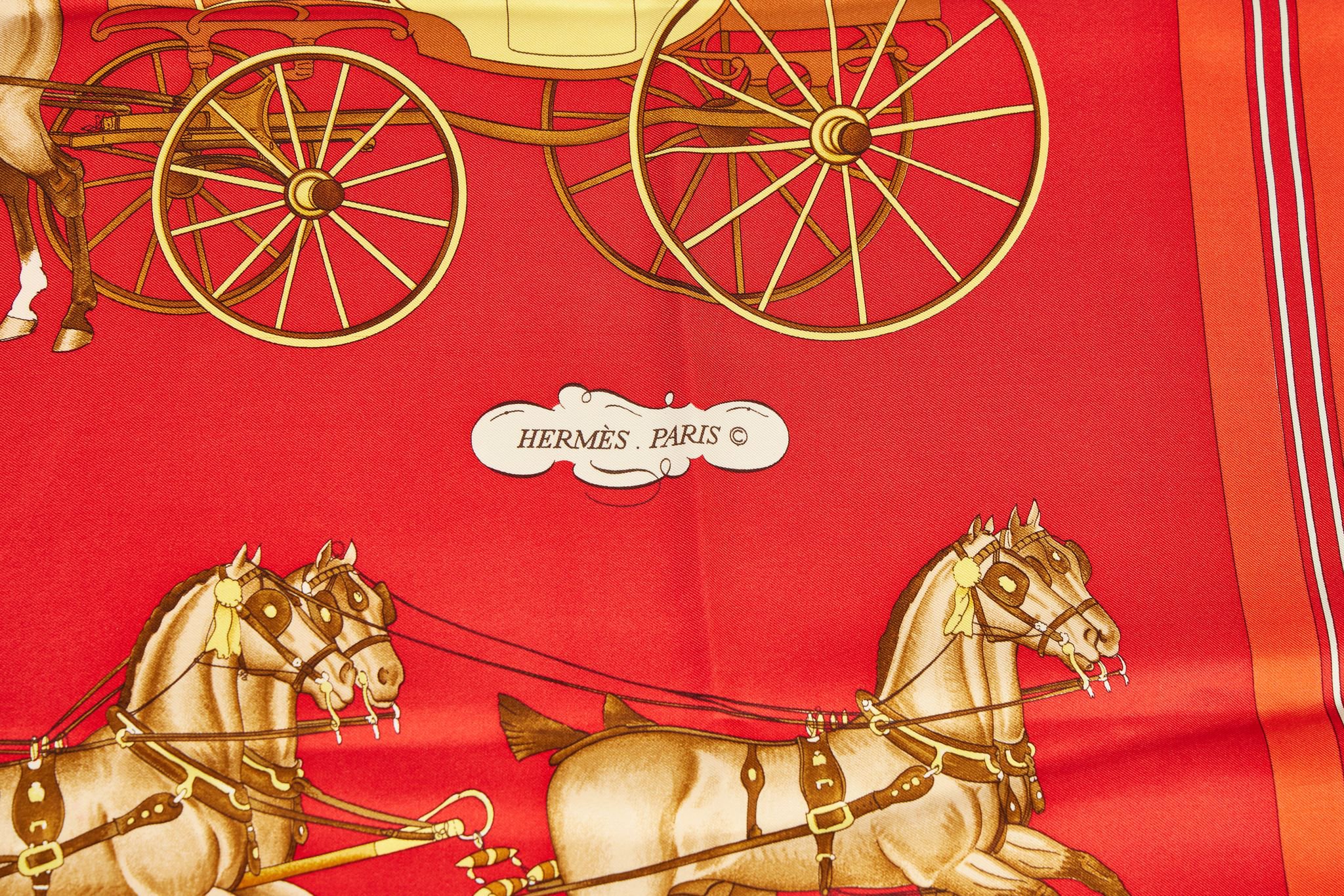 Herms Coach & Saddle Red Silk Scarf 4 Herms Coach & Saddle Red Silk Scarf