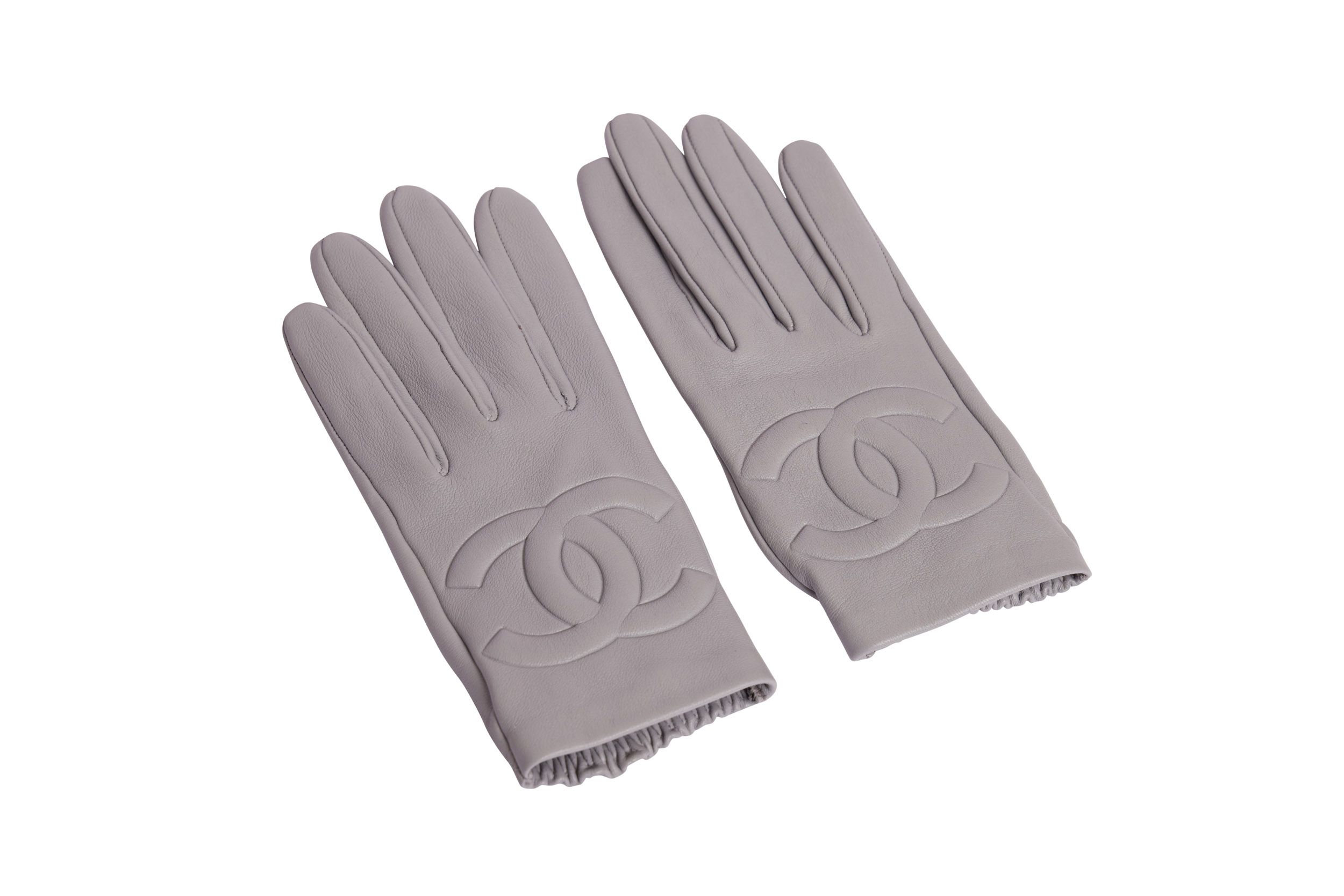 Chanel New Grey Leather Gloves 1 Chanel New Grey Leather Gloves
