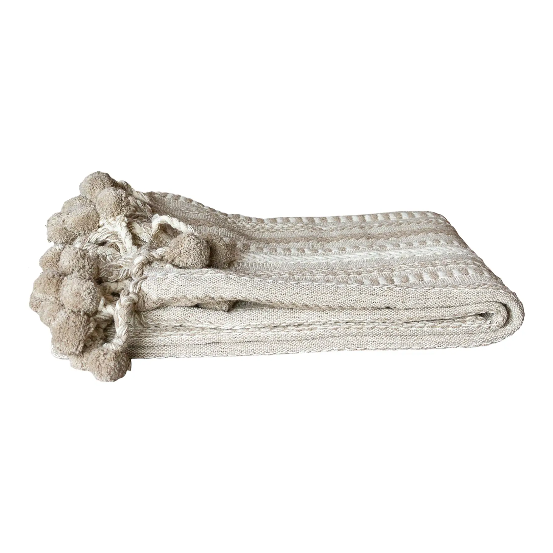 Beige Handloomed Cotton Pom-Pom Throw 1 Beige Handloomed Cotton Pom-Pom Throw