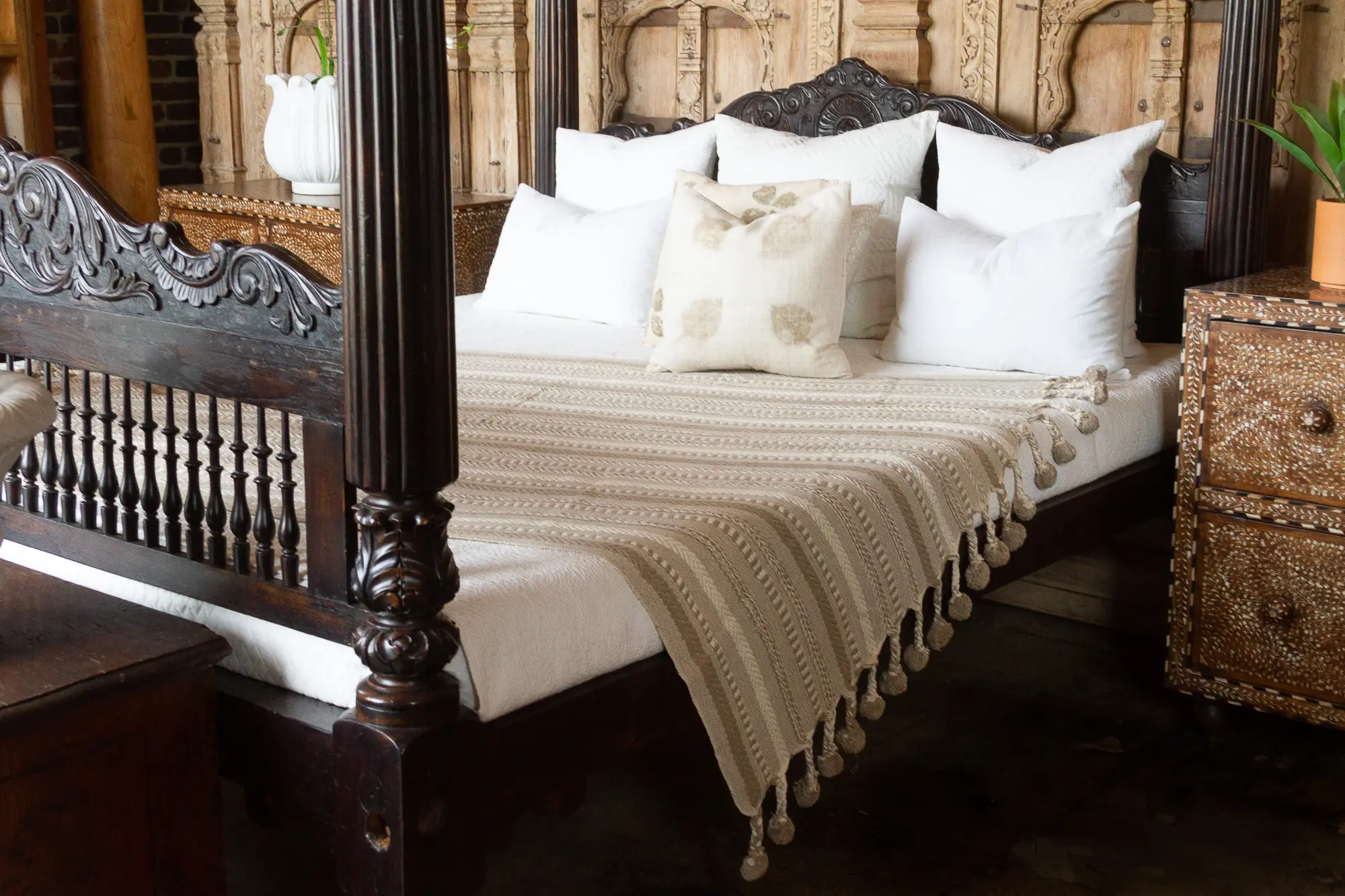 Beige Handloomed Cotton Pom-Pom Throw 2 Beige Handloomed Cotton Pom-Pom Throw