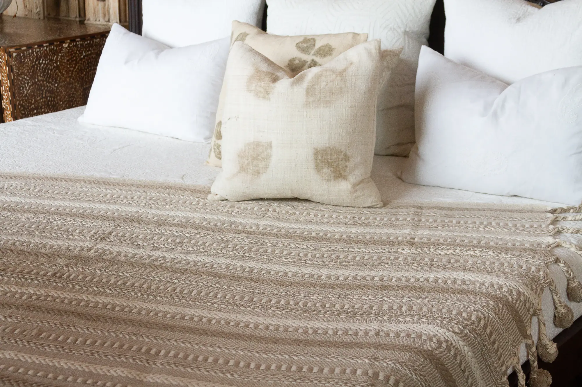 Beige Handloomed Cotton Pom-Pom Throw 3 Beige Handloomed Cotton Pom-Pom Throw