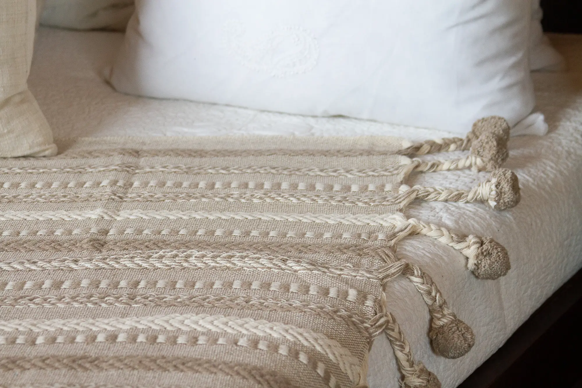 Beige Handloomed Cotton Pom-Pom Throw 4 Beige Handloomed Cotton Pom-Pom Throw