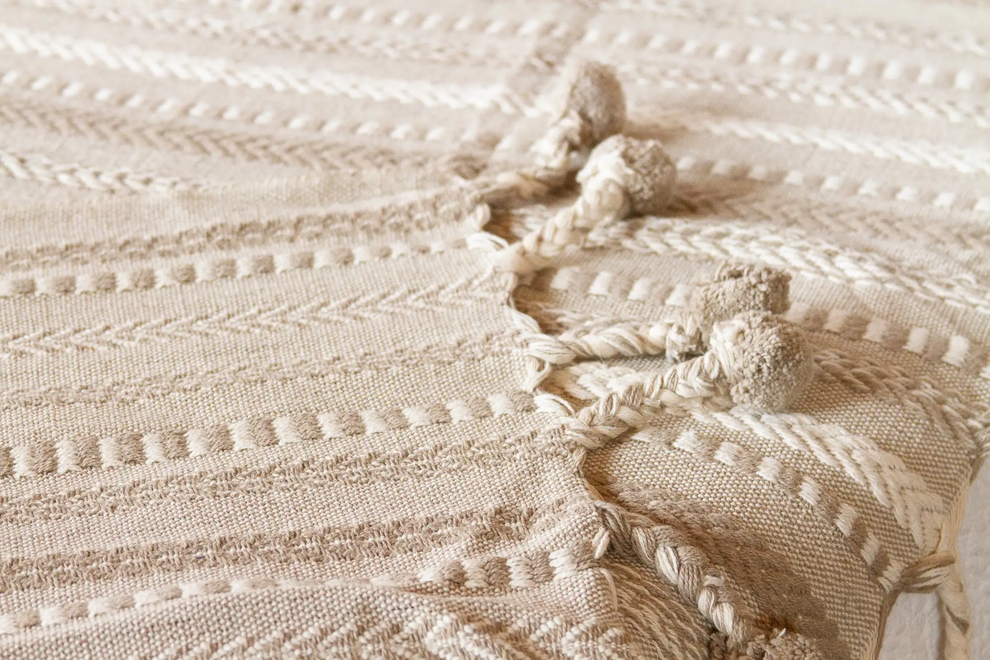 Beige Handloomed Cotton Pom-Pom Throw 5 Beige Handloomed Cotton Pom-Pom Throw