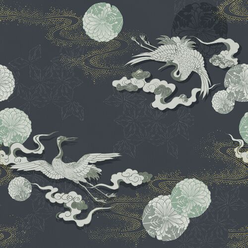 Cranes and Starry Sky Wallpaper, Blue Grey 1 Cranes and Starry Sky Wallpaper, Blue Grey