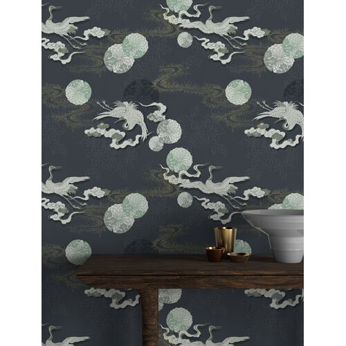 Cranes and Starry Sky Wallpaper, Blue Grey 2 Cranes and Starry Sky Wallpaper, Blue Grey