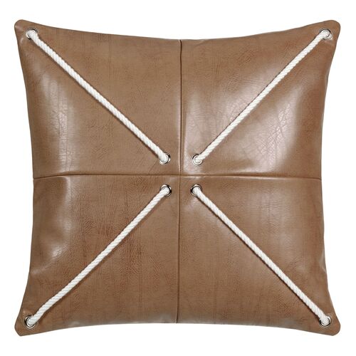 Wave Faux Leather Rope Pillow, Brown/White 1 Wave Faux Leather Rope Pillow, Brown/White