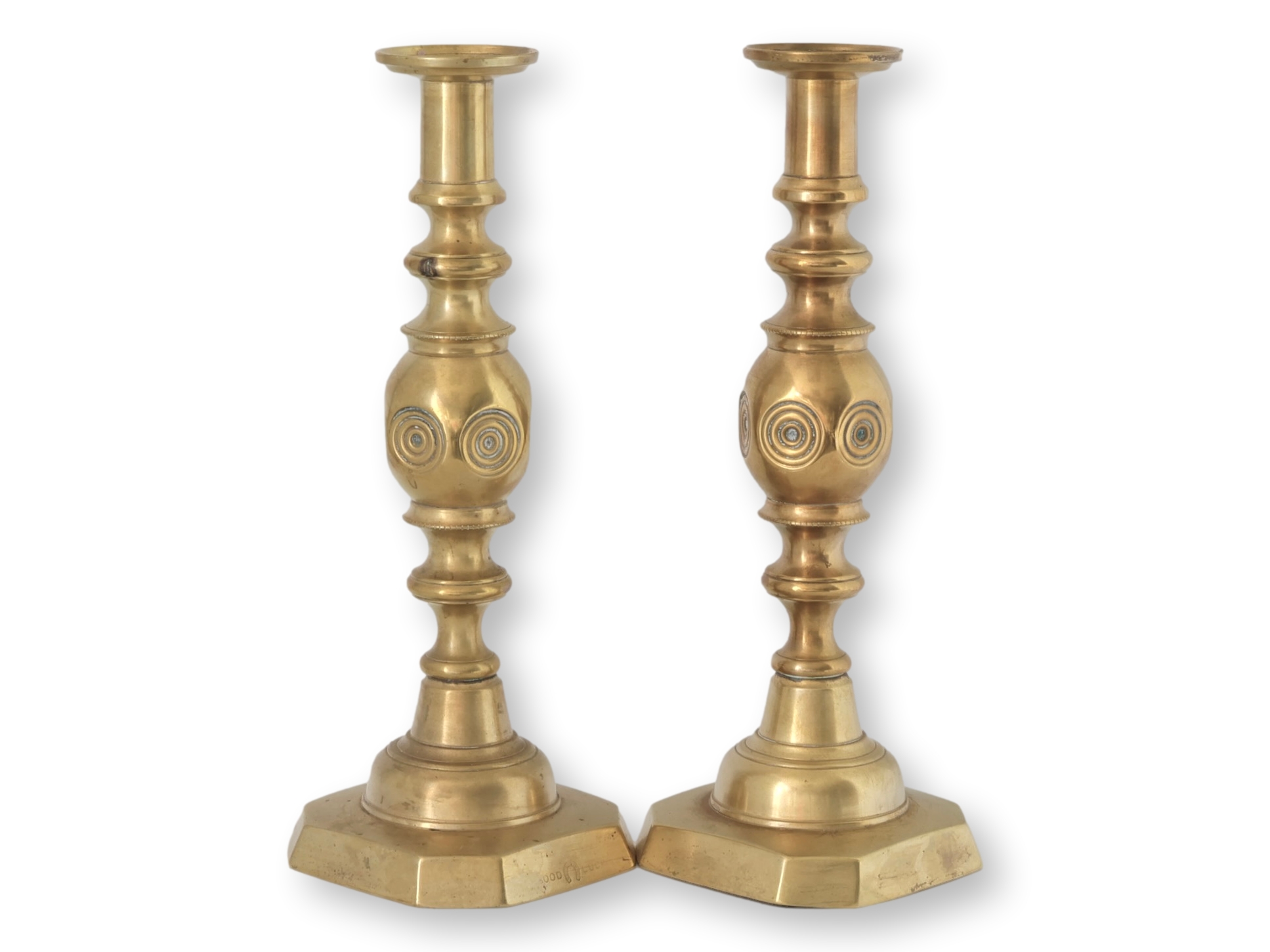 Victorian "Good Luck" Brass Candlesticks 1 Victorian "Good Luck" Brass Candlesticks