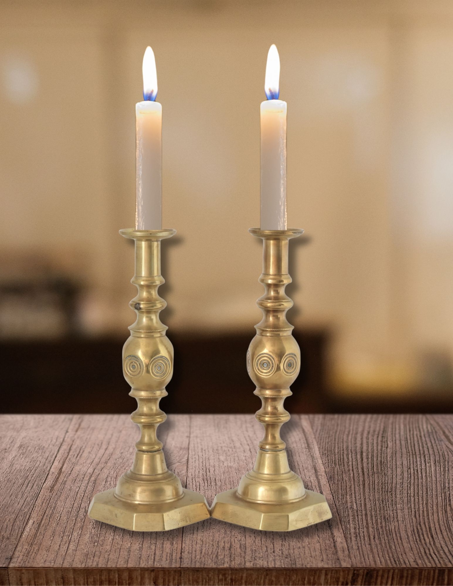 Victorian "Good Luck" Brass Candlesticks 2 Victorian "Good Luck" Brass Candlesticks