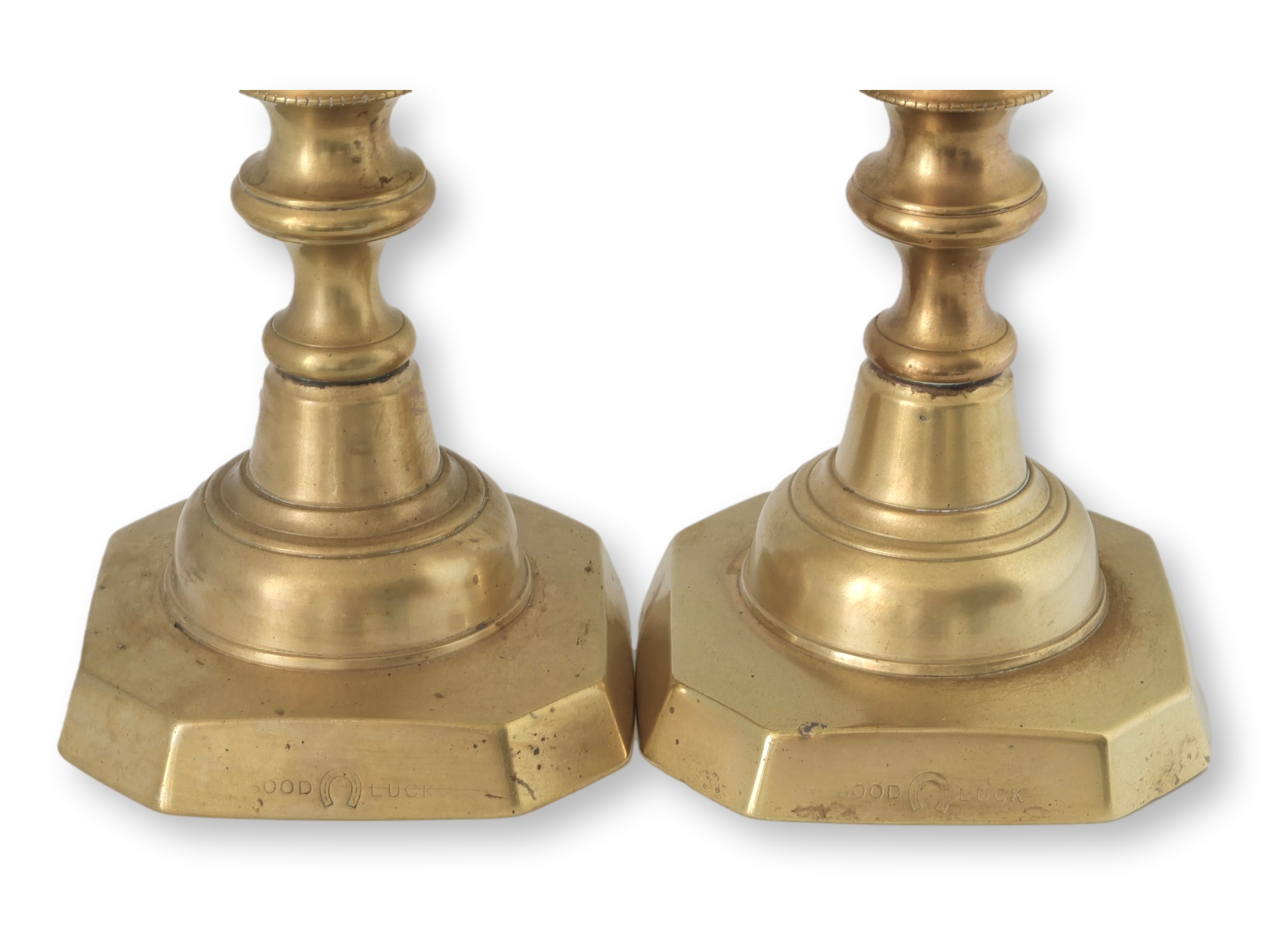 Victorian "Good Luck" Brass Candlesticks 3 Victorian "Good Luck" Brass Candlesticks