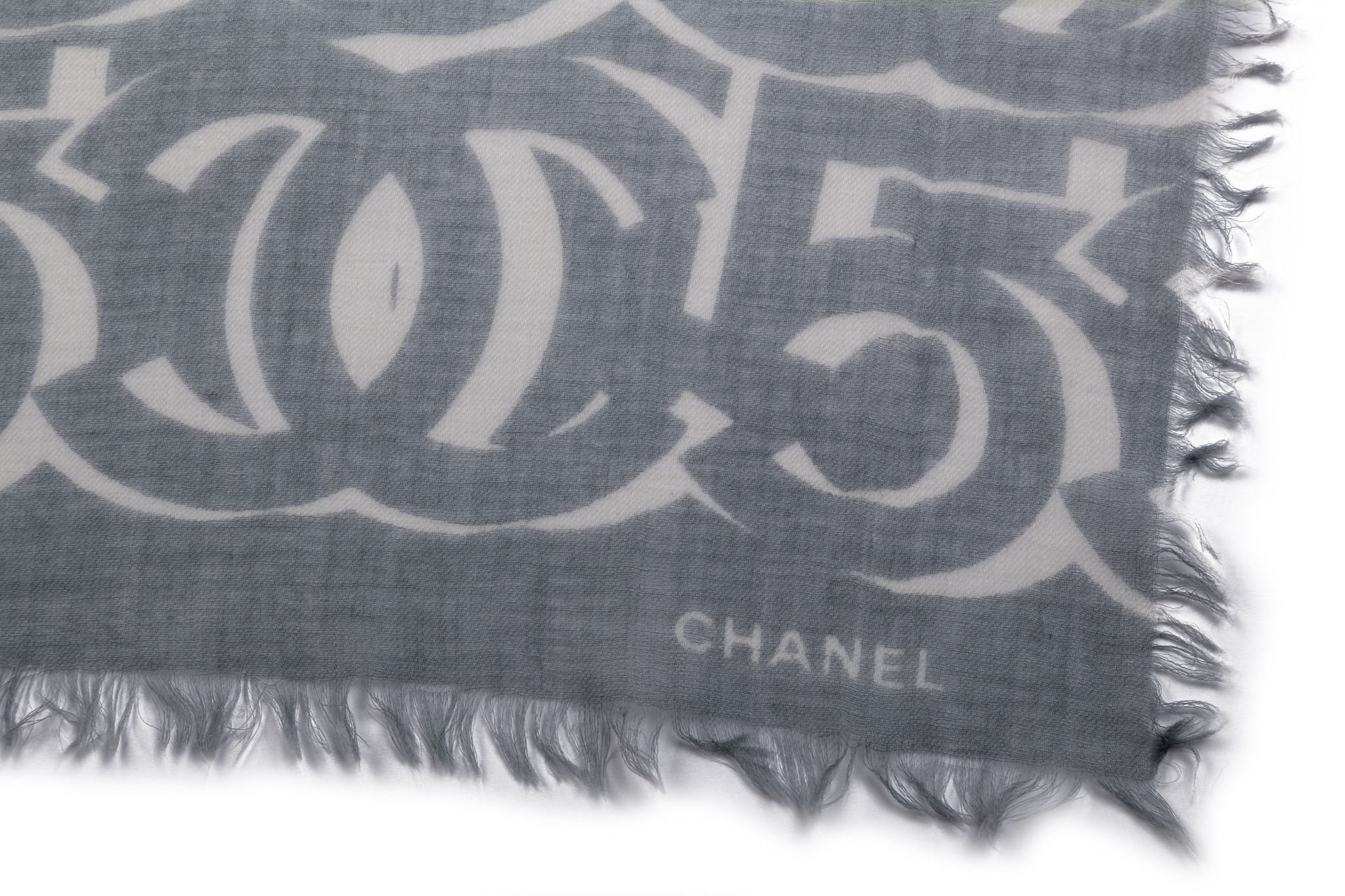 Chanel White/Grey Logo Cashmere Shawl 4 Chanel White/Grey Logo Cashmere Shawl